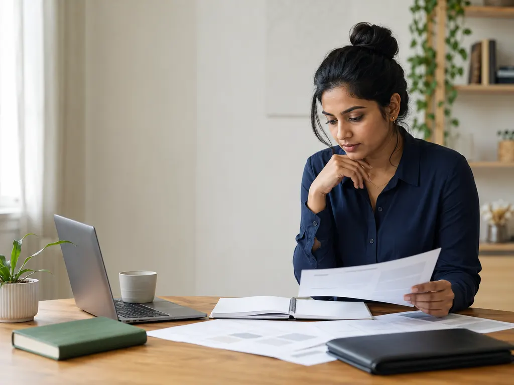 A professional reviewing documents and a laptop while planning a career move to Canada