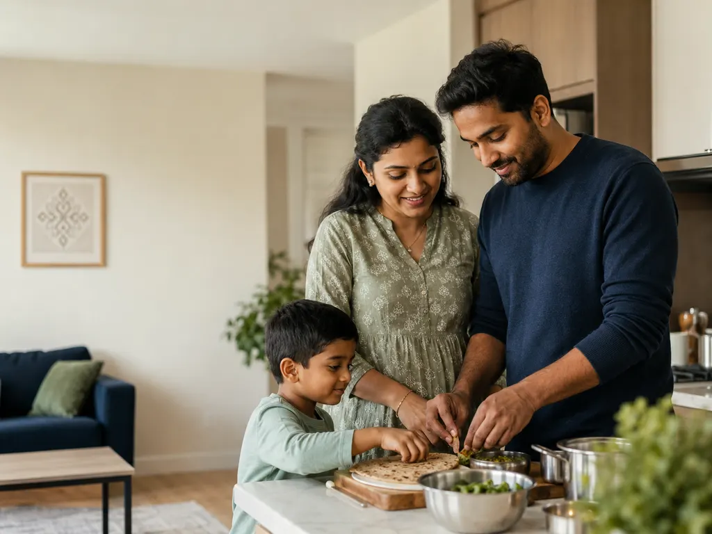 A family of three preparing a meal together in a home kitchen