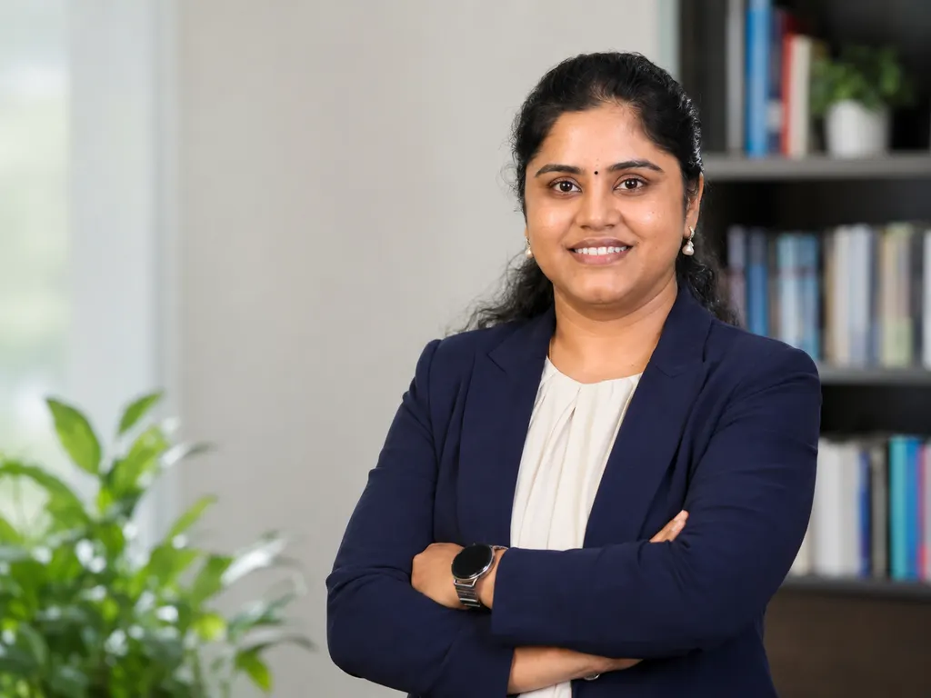 Revathi Varadarajalou in a navy blazer, standing with arms folded in a bright, calm office