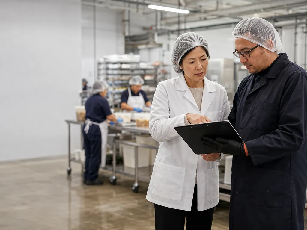 Two people reviewing a clipboard together on a production floor with staff in the background