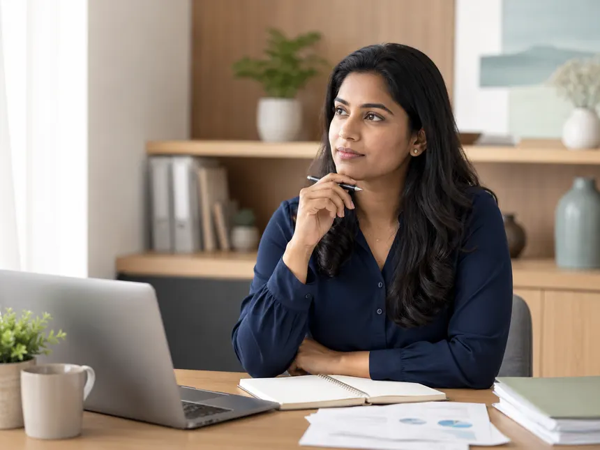 A person planning at a workspace with a laptop and notes