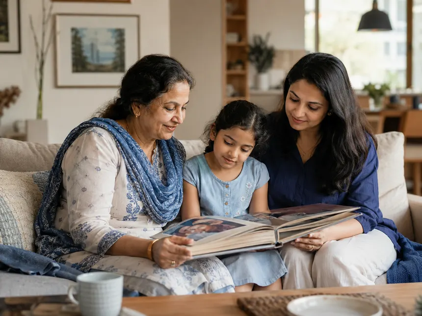 A grandmother, mother and child looking at a photo album together on a sofa