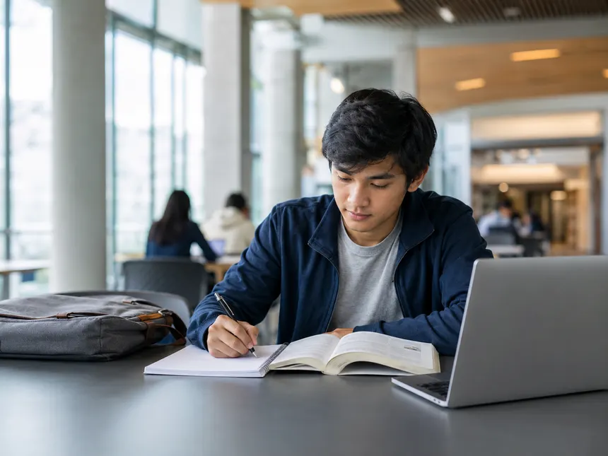 A student studying with a laptop and notebook in a bright campus common area