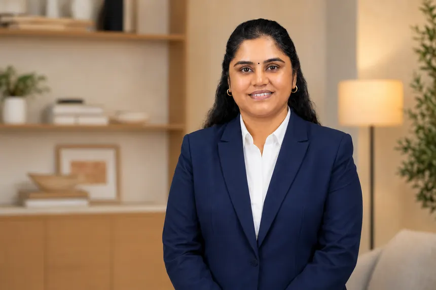 Revathi Varadarajalou in a navy blazer, standing in a warm professional office interior