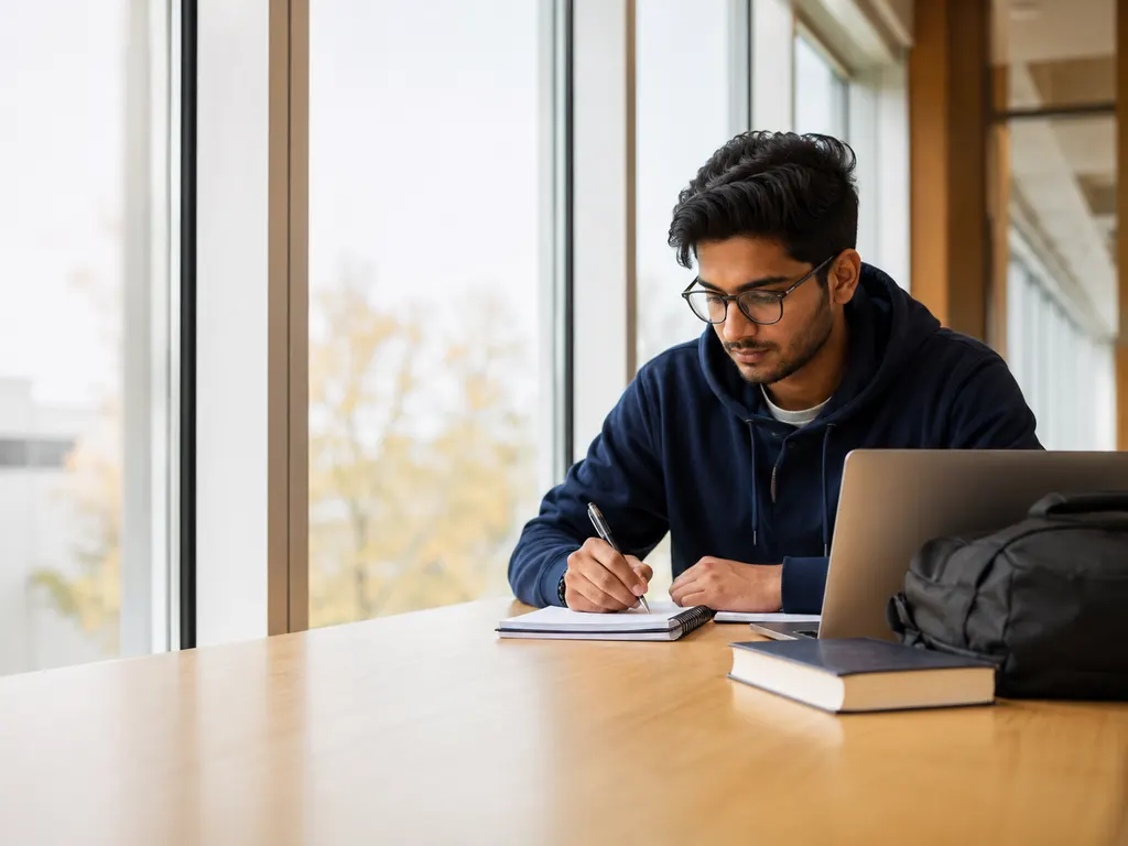 A student in glasses writing in a notebook beside a laptop in a bright campus study space