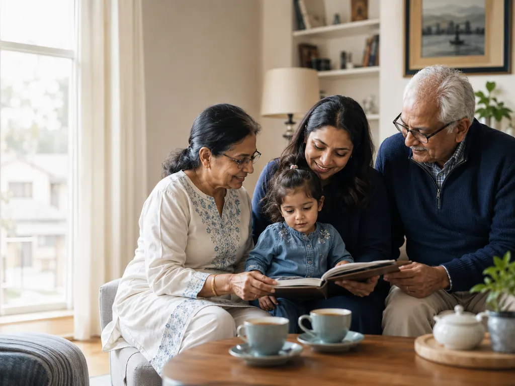 Grandparents, a parent and a child sharing tea together at home